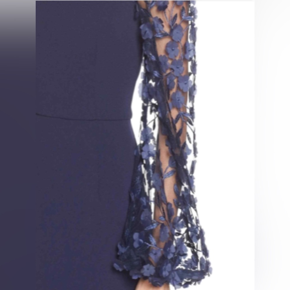 Eliza J Off Shoulder Navy Dress with 3D Floral Sleeves Gown MOB MOG - Picture 4 of 10